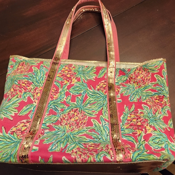 Lilly Pulitzer Tote Bag Sequin Handle Orchard Pink Spike the Punch Pineapples - Picture 5 of 12